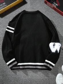 Manfinity Campus Court Men's Casual Letter Graphic Colorblock Striped Long Sleeve Cardigan, Autumn/Winter - Black - View 2