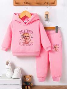 Sparklyn Young Girls Casual Fashionable Cute Cappuccino Ballerina Dancer Letter Print Long Sleeve Hoodie And Sweatpants Set, Autumn/Winter Outfit - Pink - View 3