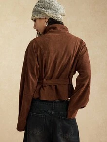 Easelle Women's Vintage Dark Brown Front Button Stand Collar Woven Jacket, Autumn Winter Clothes For Women - Brown - View 2