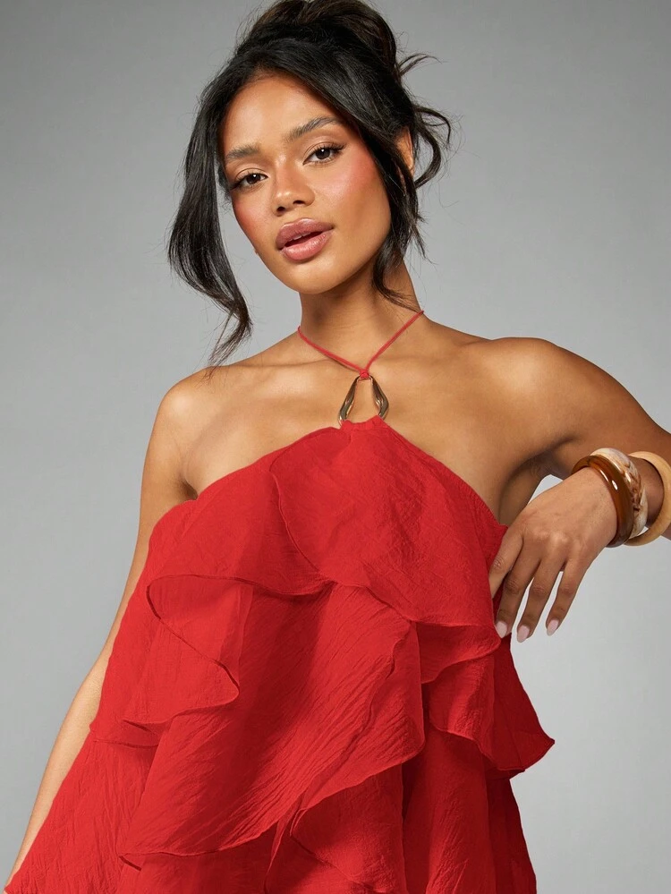 MISSGUIDED Vestido Mini Camadas Franzidas de Organza, Decote Halter, Fluido, Festa, Noite, Convidado de Casamento, Dama de Honra, Verão, Recepção, Ocasião Especial