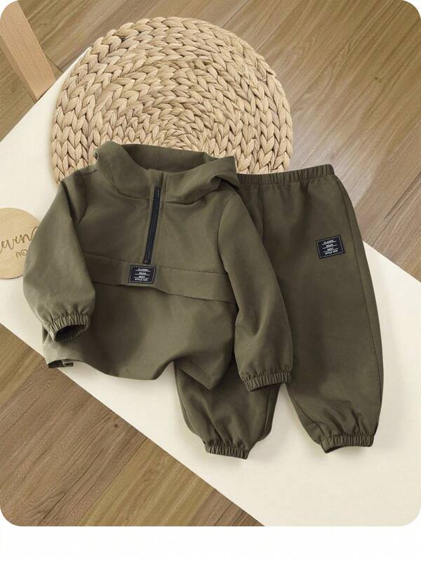 SHEIN 2pcs Baby Boy's Army Green Hooded Pullover Sweatshirt And Elastic Waist Pants Casual Sports Outfit, Fall