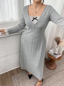 Modelyn Vestido elegante de encaje y parches para talla grande, ideal para el trabajo - Gris Claro - Ver 7