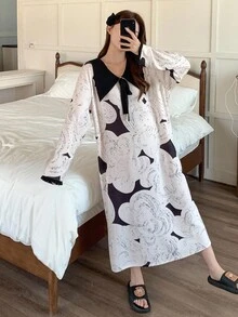 DAZY ثوب نوم نسائي فضفاض طويل مطبوع بالكامل بألوان متباينة، ذو ياقة كبيرة، للشتاء - كاكي - مشاهدة 6