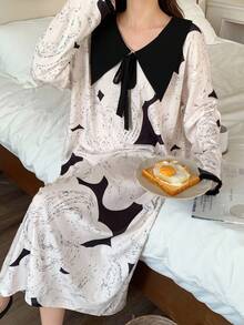 DAZY ثوب نوم نسائي فضفاض طويل مطبوع بالكامل بألوان متباينة، ذو ياقة كبيرة، للشتاء - كاكي - مشاهدة 7