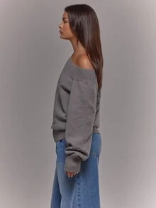 MUSERA 针织罗纹不对称领长袖束口套头衫，适合机场、假日、冬季、日常、优雅晚宴、派对等场合，春季皆宜。 - 灰色 - 查看 4