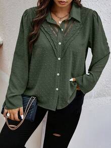 EMERY ROSE Plus Size Women's Contrast Lace Puff Sleeve Single-Breasted Casual Shirt - Army Green - View 5