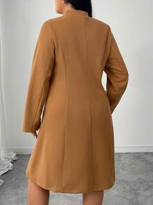 SHEIN Elenzya 大码女式优雅日常通勤宽松腰羊毛大衣 - 棕色 - 查看 2