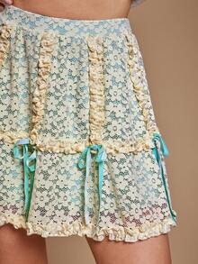 WESTFADE Floral Lace Contrast Lining High Waist Tiered Ruffle Bow Trim Mini Skirt Fall, Autumn, Winter, Western Wear For Women - Apricot - View 6