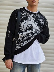Manfinity CasualKnits Men's Casual Fashion Street Jesus Graphic Loose Pullover Sweater, Autumn/Winter, Grunge Style - Black - View 4