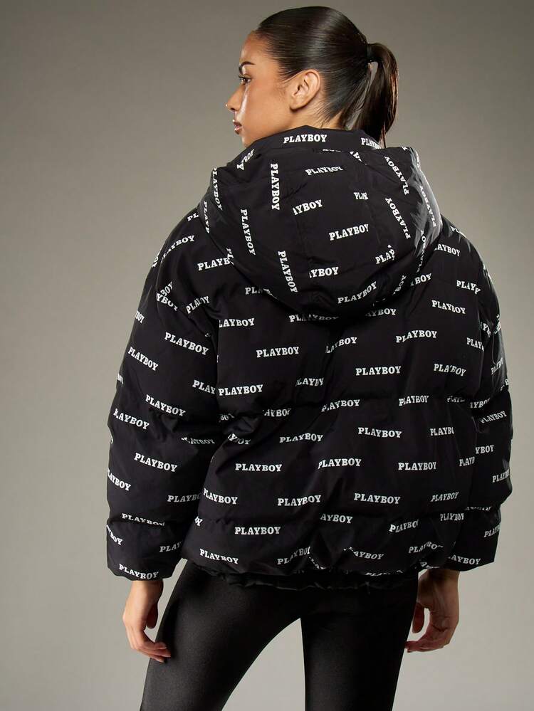 Missguided x Playboy Oversized Winter Puffer Jacket Allover Logo Print Quilted Padded Down Coat With Hood Streetwear Outerwear Fall Fashion Collection