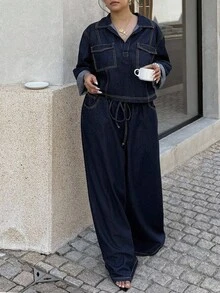 Dripcurv Bộ đồ 2 món áo thun tay dài cổ polo và quần jeans dáng rộng thoải mái cho nữ cỡ lớn, mùa thu - Rửa tối - Xem 5