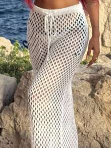 Bearsaez 1pc Women Solid Color Crochet Swimwear Skirt Bottom For Summer Beach Vacation - White - View 6