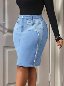 Slaydiva Plus Size Women High Waist Frayed Hem Design Pencil Denim Mini Skirt - Blue - View 3