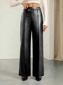 SHEIN Tall Women Minimalist Straight PU Leather Leggings, Casual Daily Wear,Thanksgiving,Elegant Commuter Leather Pants High Elastic Casual Style,Black Pants - Black - View 3