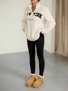 SHEIN Tall 2pcs Women Letter Print Zip-Up Fleece Sweatshirt And Pants Set,White And Black,Autumn Casual Lounge Outfits,Tall Version Slimmer Winter Clothes - White - View 4