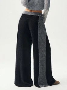 Bohemela Quần dài ống rộng dệt kim dáng rộng màu tương phản có dây rút ở eo dành cho nữ, mùa thu/đông - màu đen - Xem 8