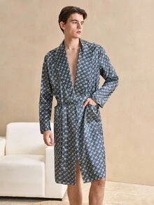 Men's Geometric Print Pockets Robe With Belt, Winter