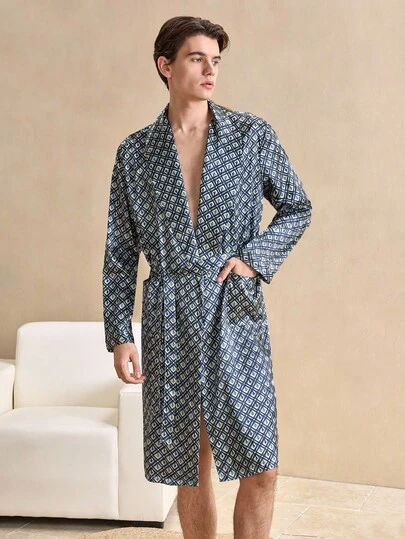 Men's Geometric Print Pockets Robe With Belt, Winter