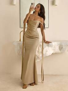 Vowa Falda ajustado elegante y vintage con pliegues de satén, cintura de sirena, cuello con volantes, decoración de cadena de perlas y cinta, adecuada para cóctel, gala, baile, festival, cumpleaños, vestido formal de mujer