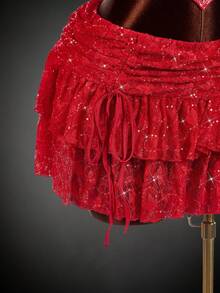 Amplova 大码女式闪亮亮片蕾丝分层 A 字裙，适合万圣节派对 - 紅色 - 查看 6