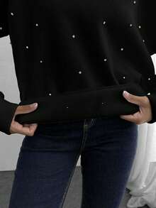 SHEIN Women Sequined Hooded Oversize Sweatshirt - Black - View 5