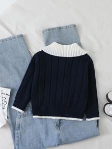 SHEIN Genkimix Kids 小男孩厚字母贴花半拉链针织毛衣，长袖，秋冬 - 藏蓝色 - 查看 2