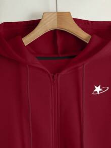 INAWLY 女式秋季星星印花连帽长袖运动衫，适合外套、返校、冬季上衣、摄影、度假和旅行服装，时尚必备 - 酒紅色 - 查看 4