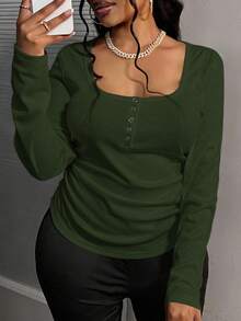 Slaydiva Plus Size Casual Square Neck Long Sleeve Ruched Waist Top/Fall/Winter - Army Green - View 1