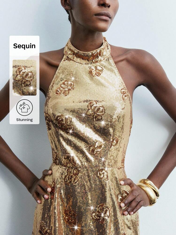 SHEIN Maija Vestido Curto Sereia Dourado com Decote Halter, Costas Abertas e Lantejoulas Florais, Sexy e Fashionável para Festa Urbana
