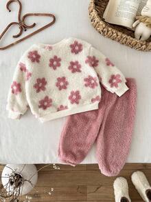 LMoss Kids LMoss 女婴两件套碎花针织圆领蓬松卫衣和打底裤套装，粉色，舒适秋冬款式，套头衫，温暖秋冬风格 - 彩色 - 查看 2