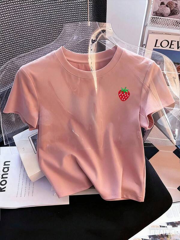 Resyla Camiseta corta de manga corta con cuello redondo y estampado de fresa, estilo Y2K