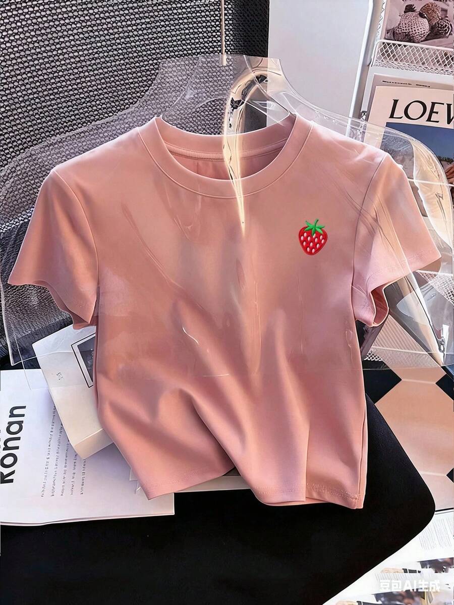 Resyla Y2K 可爱草莓短款圆领短袖T恤 - 粉色 - 查看 1