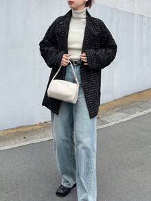 FRIFUL 女士黑色立领落肩长袖宽松格子休闲大衣，百搭秋季外套，亮片装饰 - 黑色 - 查看 2