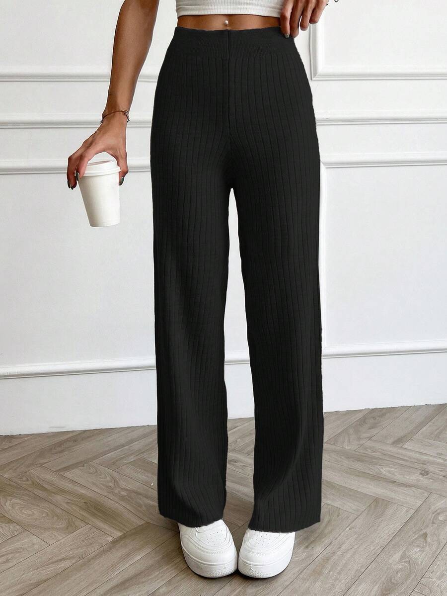 EURMUSE Women's Rib Knitted Straight High Waist Knit Pant - Hitam - View 1
