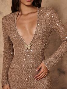 SHEIN Unity Butterfly Sequin Decor Bodycon Sexy Women Dress - Brown - View 6