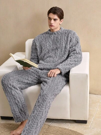 Snug Zone 2Pcs Vintage British Style Comfortable Plush Textured Double-Sided Fleece Argyle Pattern Long Sleeve Top And Pants Men's Loungewear Set, Fall Winter Clothes, Fluffy, Cozy