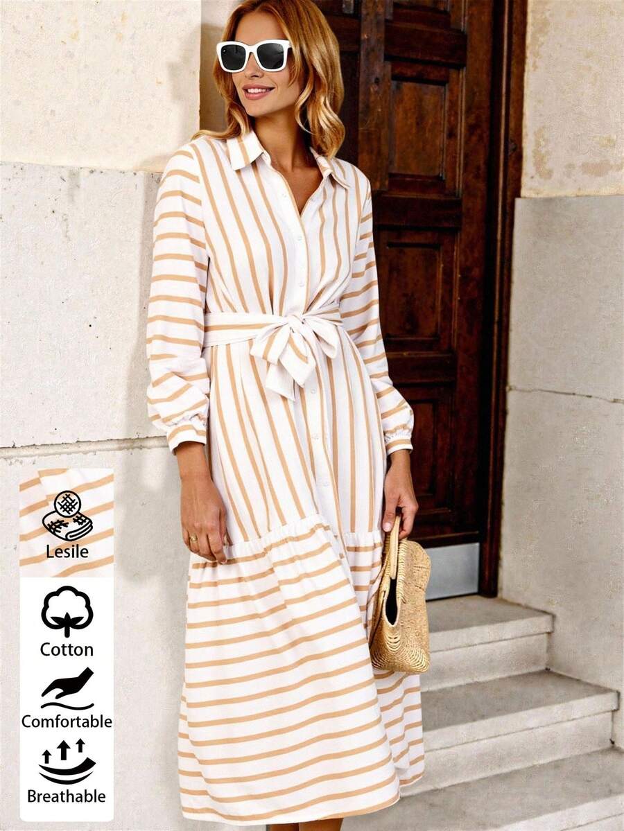 INAWLY 女款 SZ061 杏色长袖条纹衬衫裙 - 杏色 - 查看 1