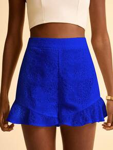 CAJUNI 波西米亚风荷叶边下摆蓝色刺绣女士休闲短裤，夏季 - 寶藍色 - 查看 5