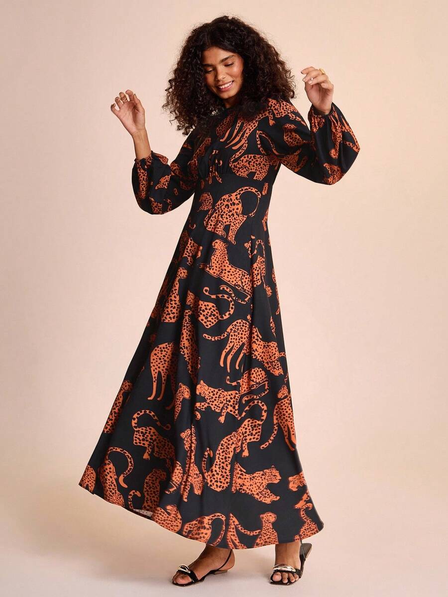 CAJUNI Damen Lässig Urlaubs Schwarzer Leoparden Muster Langes Kleid - Herbst Langarm - Ballonärmel - Ausgehoutfit - Halloween - Konzert