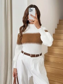 SHEIN LUNE 秋冬女士高领灯笼袖拼色休闲工作服毛衣，长袖上衣 - 白色 - 查看 5