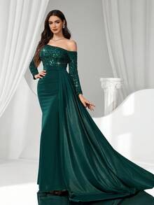 Coutiva Damen Abendkleid mit Pailletten, Volant an den Schultern, langärmlig, enganliegend, luxuriöses Abendkleid, Pailletten- und Perlenmanschetten-Design, elegantes Partykleid für Damen, langärmliges Abendkleid, für Hochzeitsgäste, Abschlussfeier, Abendessen