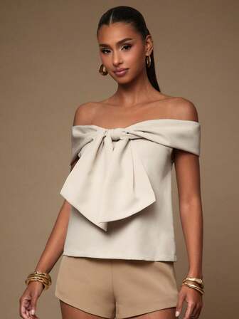 L'Amorae 百搭休闲纯色女式露肩蝴蝶结上衣