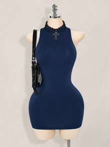 SHEIN ICON 纯色交叉露背性感休闲迷你连衣裙 - 藏蓝色 - 查看 2
