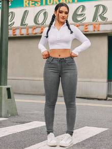 SHEIN ICON Quần jean lưng thấp dáng ôm, giặt thường ngày cỡ lớn - Màu Xám nhạt - Xem 6