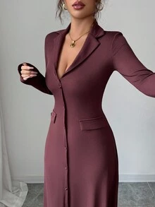 SHEIN Elenzya 女式标准尺码纯色罗纹修身优雅针织连衣裙，秋冬 - 咖啡 - 查看 7