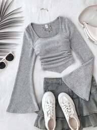 Tricou casual tricotat pentru fete adolescente, cu guler rotund, mâneci evazate, cu nervuri pufoase, top gri deschis cu mânecă lungă