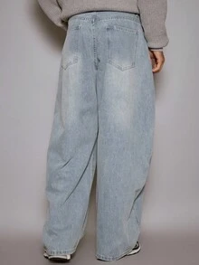 Musero Baggy Barrel Leg Seam Detailing Button Up Denim Jeans Fall/SPRING SUMMER - Blue - View 5