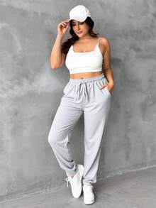 RueChic Plus Drawstring Waist Slant Pocket Sweatpants - Grey - View 3