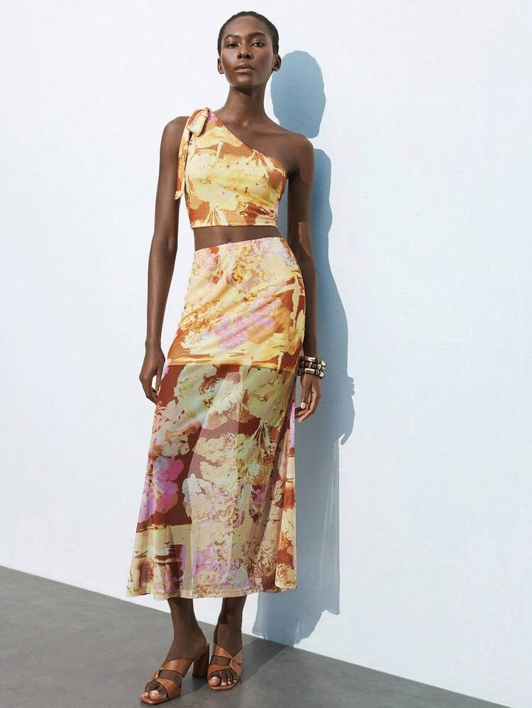 SHEIN Maija Women's Orange Summer Outfit, Floral Print Spaghetti Strap Cropped Tank Top And Elastic Waist Printed Mesh Fabric Fitted Skirt, Elegant, Fashionable, Comfortable And Sexy 2-Piece Set
