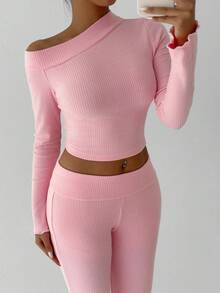 FavEase مجموعة من 2 قطعة، ملابس علوية بأكمام ضيقة مقلوبة وبنطال ذو خصر عالي وجرس، ملابس نسائية متعددة الاستخدامات للارتداء في المكتب والرياضة والمنزل، مناسبة للخريف والشتاء - وردي - مشاهدة 3